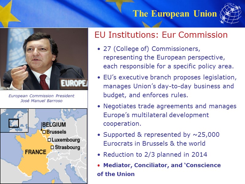 EU Institutions: Eur Commission 27 (College of) Commissioners, representing the European perspective, each responsible